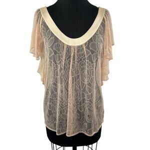 7 For All Mankind 7FAM Beige Nylon Silk Floral Lace Flutter Sleeve Blouse Top M